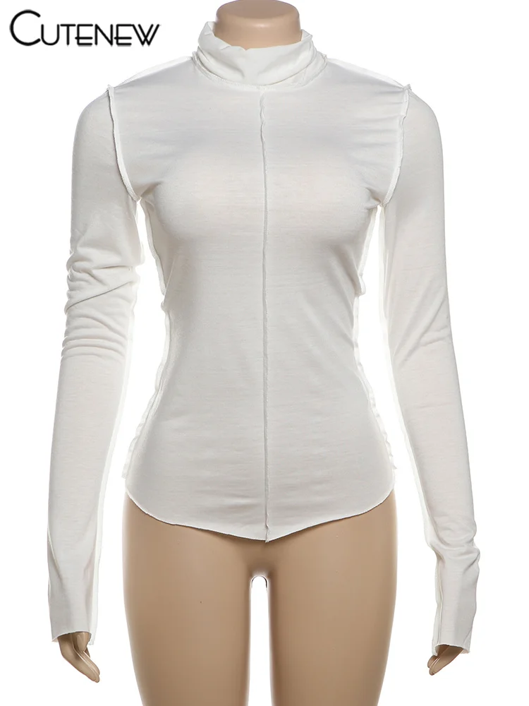 Solid Thin Sheer Autumn Women T-shirts Classic Ruched Trim High Collar Full Sleeve Basic Tees Female All-matched Tops