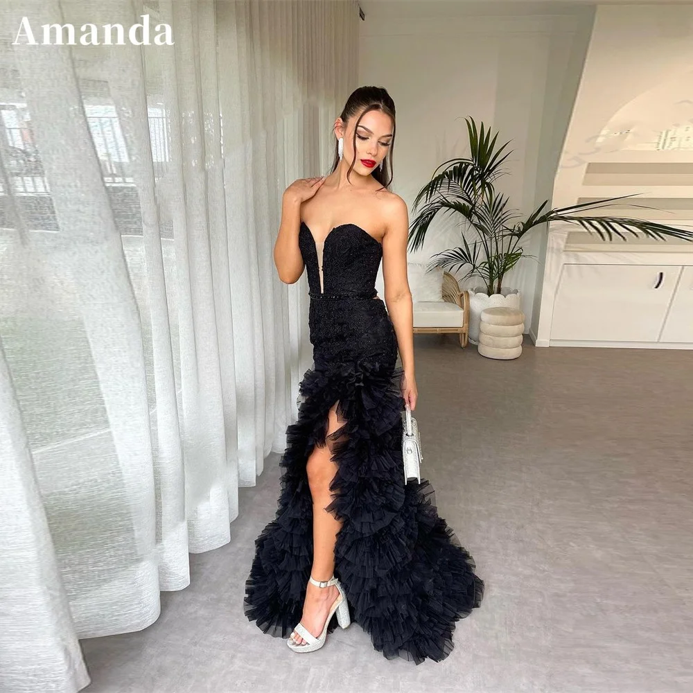 

Amanda Black Side High Split Prom Dress Long Floor Length Corset فساتين مناسبة حسب الطلب Sexy Off Shoulder vestidos de festa