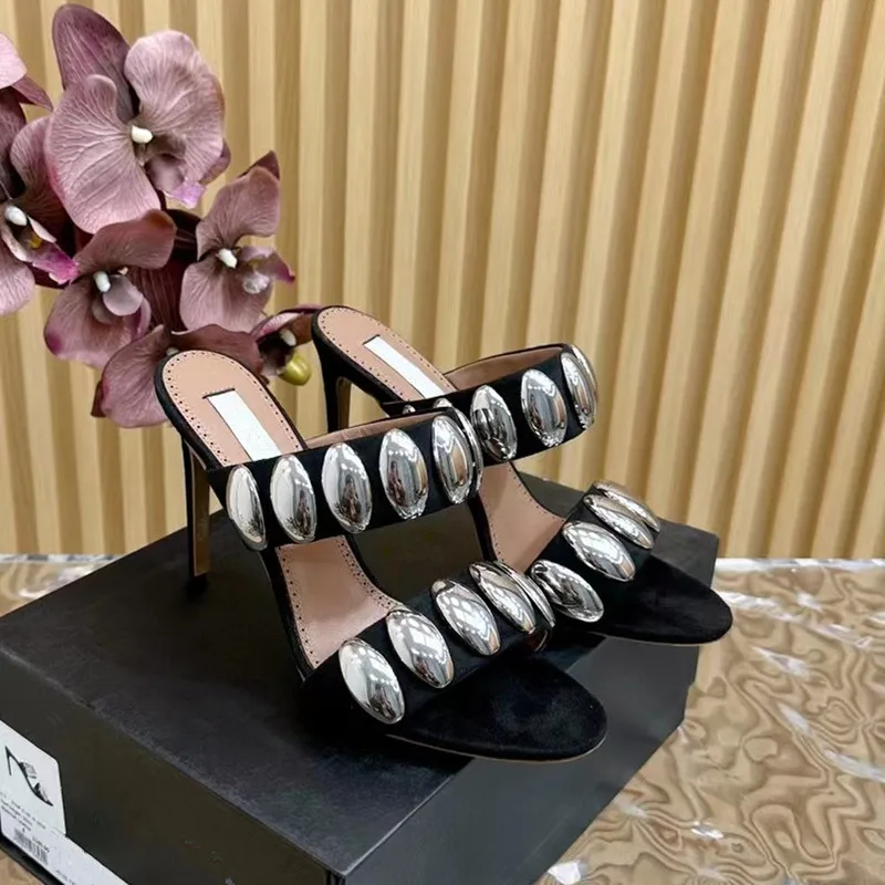 

Sexy And Niche Design With Sandals For Women In Spring 2024. New Shiny Metal Decoration With Thin Heels And Open Toe High Heels