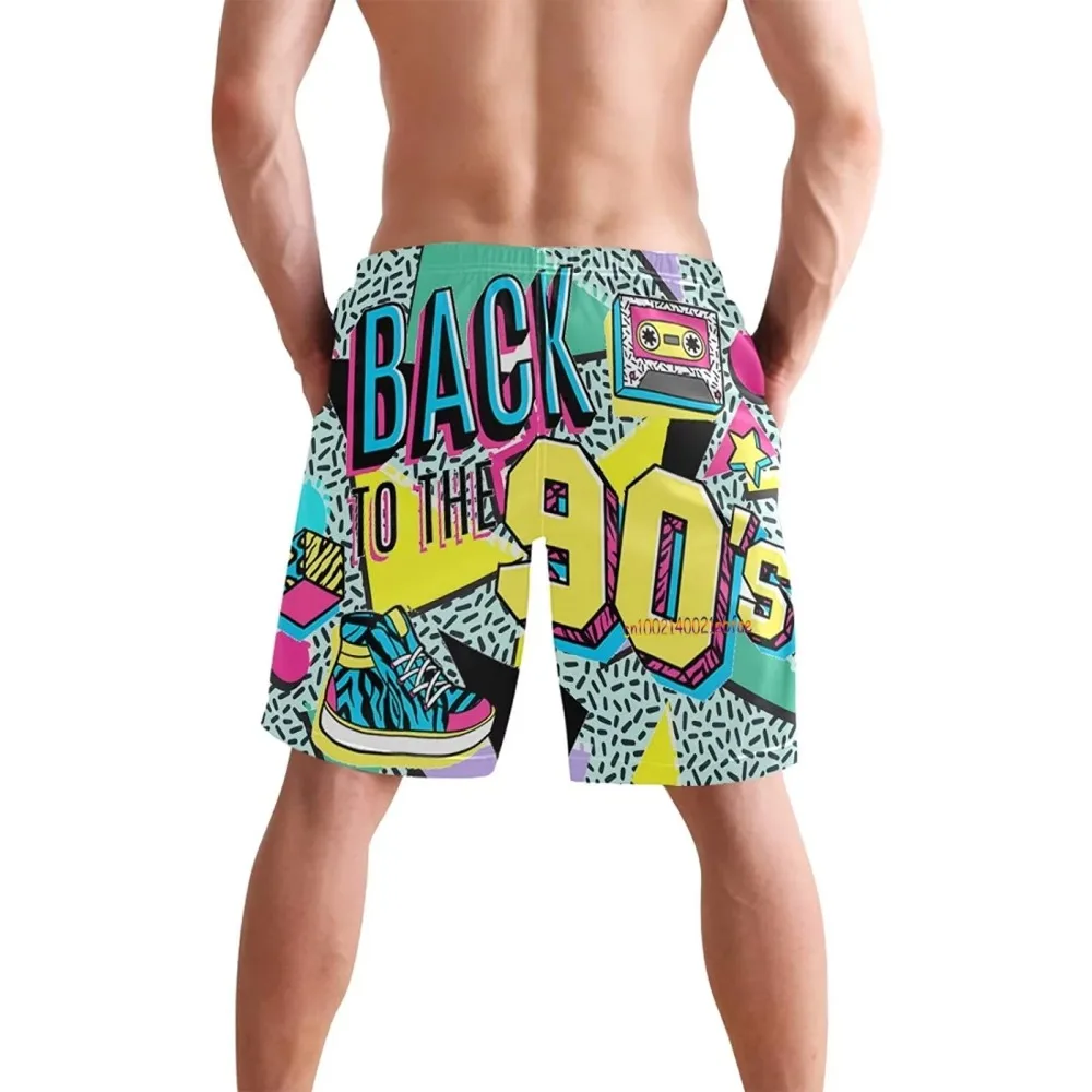 재미 있은 레트로 80s 90s 아이콘 망 수영 트렁크 빠른 건조 비치 보드 반바지 사이드 포켓이있는 여름 서핑 보드 반바지 고품질