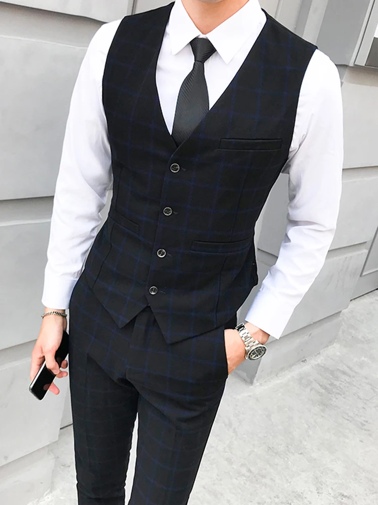 Men's Plaid Vest Pants 2pcs Business Professional Youth Office Worker Formal Wear Wedding Banquet Gentleman Suit Dress Waistcoat 2