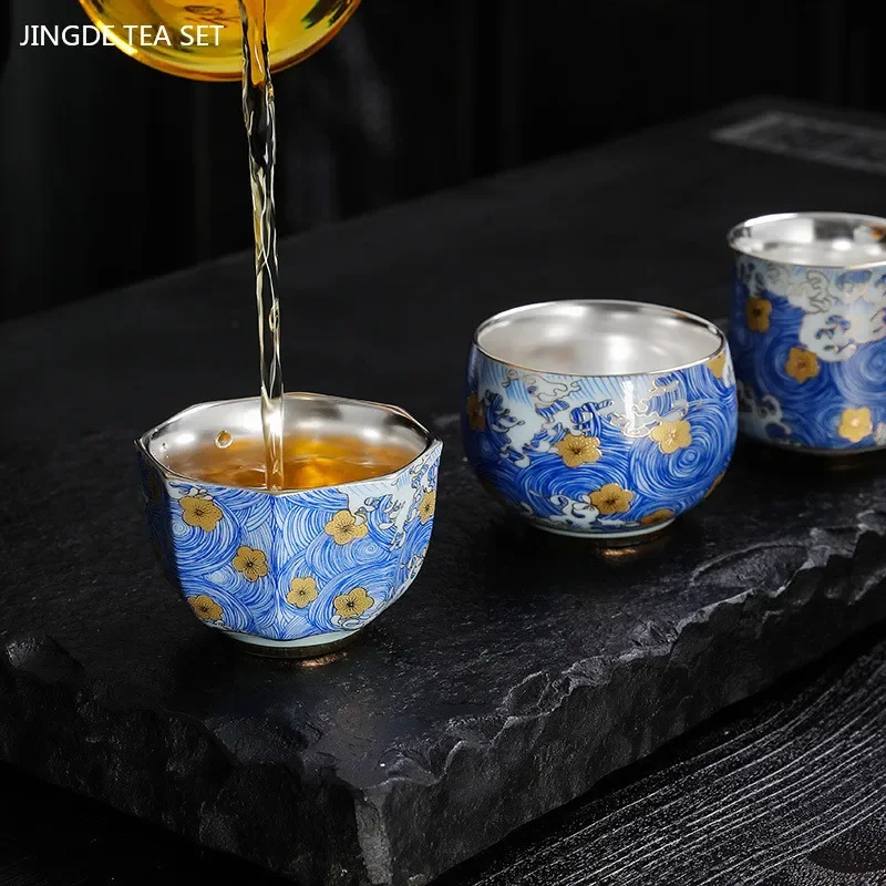 1Pc High-grade Silver Tea Cup Vintage Enamel Ceramic Teacup Chinese Handmade Master Cup Custom Tea Set Gifts Meditation Cup