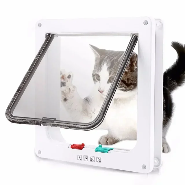 Cat Flap Door with 4 Way Security Lock Dog Flap Door for Dog Cats Kitten ABS Plastic Small Pet Gate Door Kit Cat Dogs Flap Doors 2