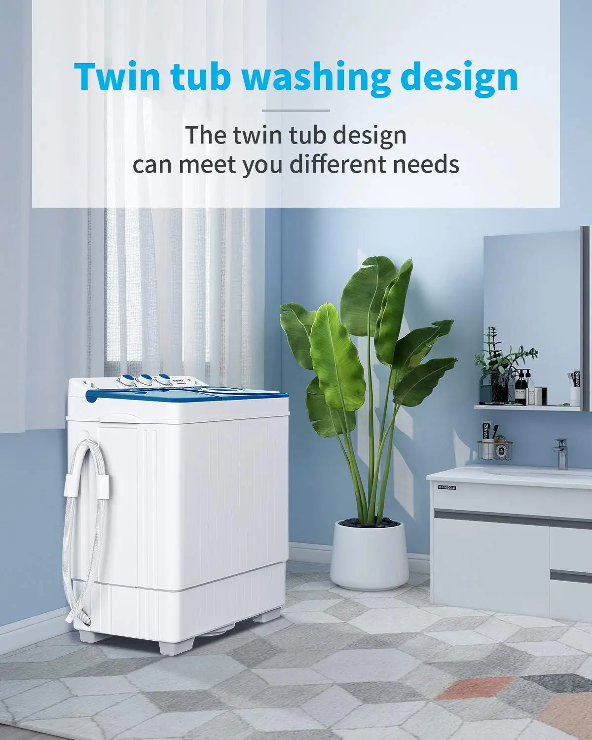 Compact Twin Tub Portable Mini Washing Machine 26lbs Capacity Washer(18lbs)&Spiner(8lbs) Built-in Drain Pump Semi-Automatic 3
