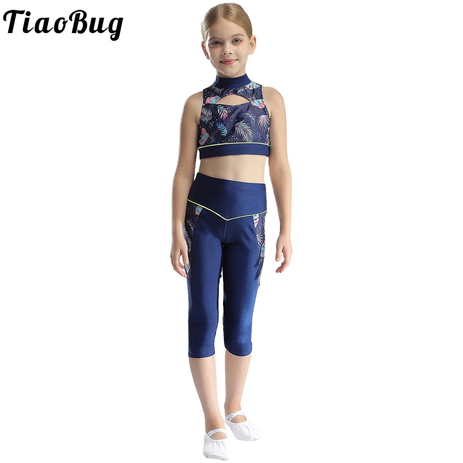 

Kids Girls Tennis Sport Fitness Sets Sleeveless Printed Crop Top with High Waist Cropped Leggings for Yoga Gymnastics Workout