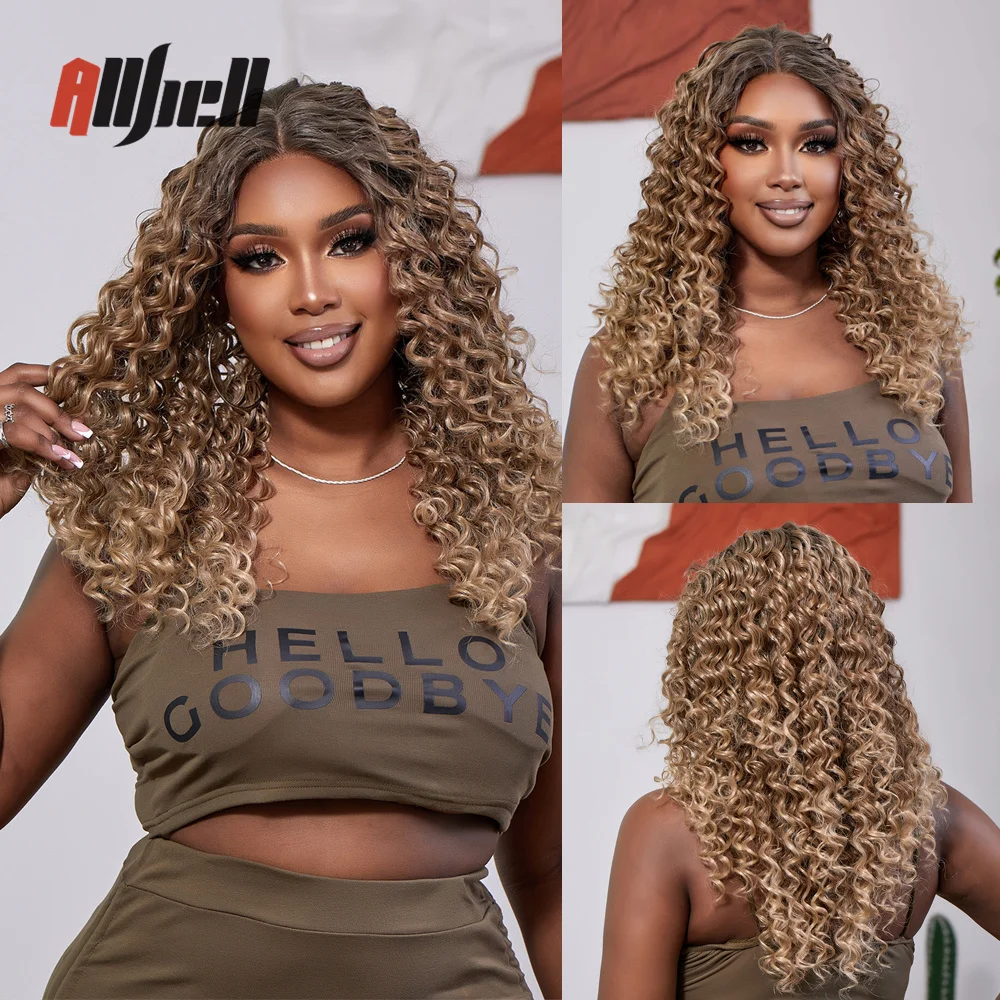 

Ombre Brown Lace Front Wig Natural Synthetic Long Curly Wig for Black Women Cosplay Daily Middle Part Heat Resistant Fake Hair