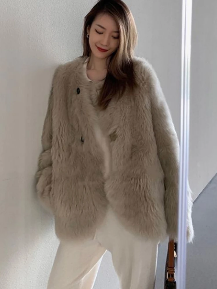 2023 Autum Winter Faux Fur Coat Women Fluffy Elegant Hairy Designer Warm Clothing Mid Female Korean Round Neck Casual Button Up