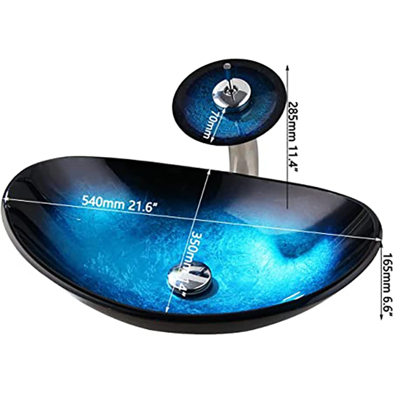 ZAPPO Tempered Glass Bathroom Vessel Sink with Waterfall Black Faucet Tap Bathroom Oval Blue Vessel Sinks Above Counter Basin 6