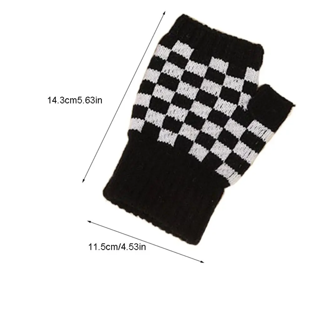 Korean Fashion Chessboard Wool Knittied Mittens Student Writing Fingerless Gloves Women Autumn Winter Warm Half Finger Mittens