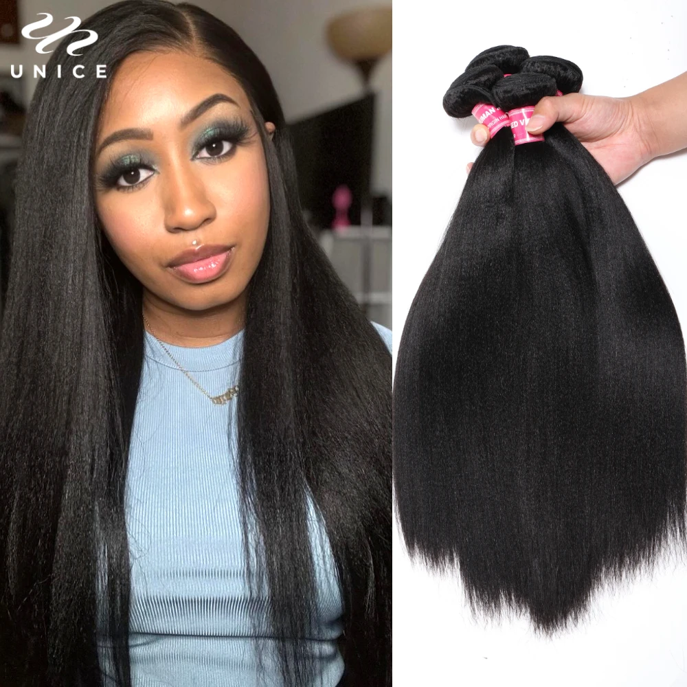 UNice Hair Yaki Straight Hair Bundles 4PCS Deal Natural Color Human Bundles Quick Weaves Sew In Human Extensions