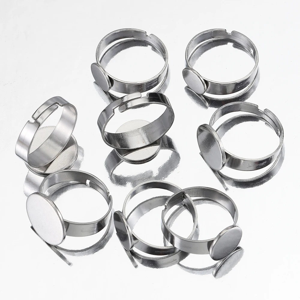 Set of 10 Stainless Steel Adjustable Ring Settings with Round Bezel Blanks