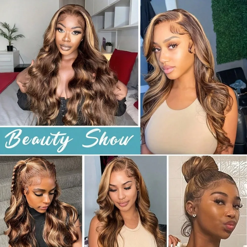 Ombre Highlight Lace Front Wigs Human Hair 13x6 Body Wave P4/27 Colored Wigs Human Hair Honey Blonde Pre Plucked With Baby Hair