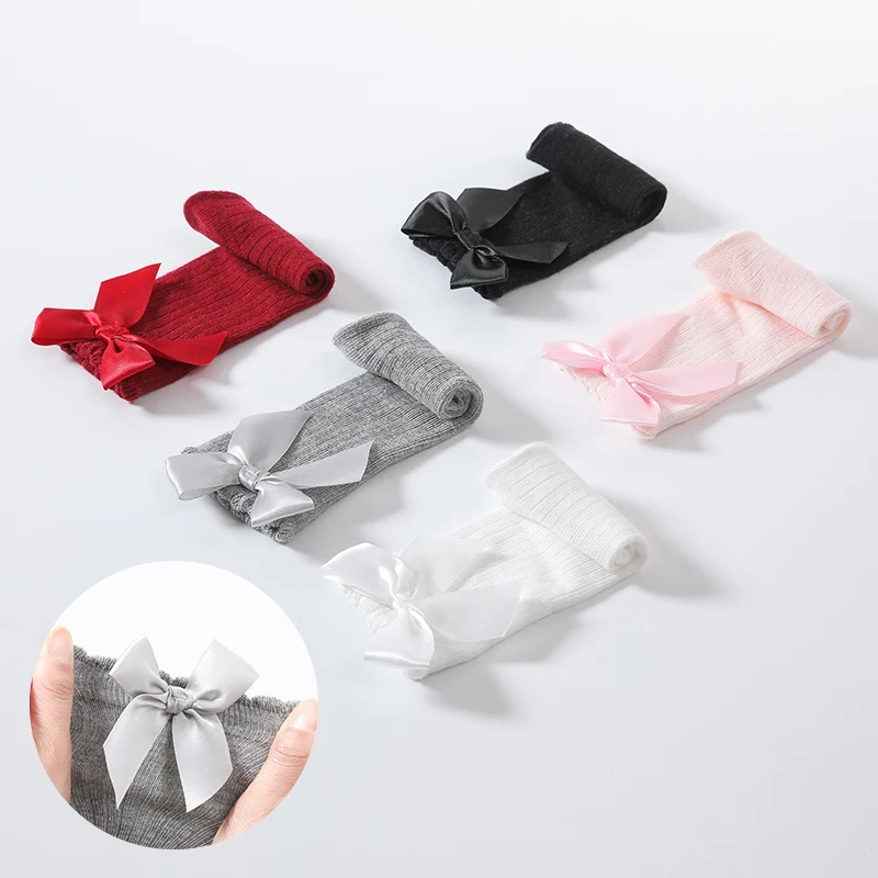Cotton knee socks Knee length socks Girls' bow knee-high socks Children's large bow stockings Baby soft solid color vertical stripe princess socks for ages 0-5