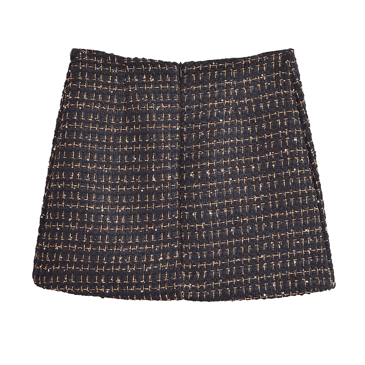 French Retro Women Black Weave Gold Line Tweed Blazer High Waist Center Buttons Back Zipper Mini Skirt Set Suits 2 pieces 1 set