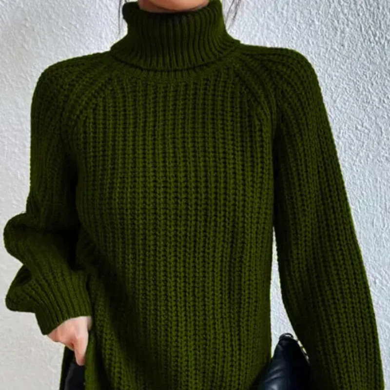 2025 Autumn and Winter New Knitted Shirt Medium To Long with Raglan Sleeves High Collar Split Sweater Dress for Women 96
