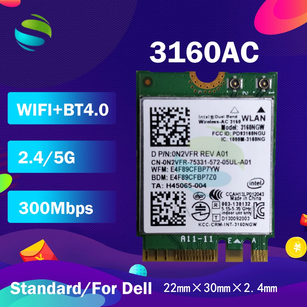 Для Intel Dual Band Wireless-AC 3160NGW AC3160 3160ac 3160NGWAC D/PN:028D9J NGFF + BT4.0 433 Мбит/с беспроводная карта