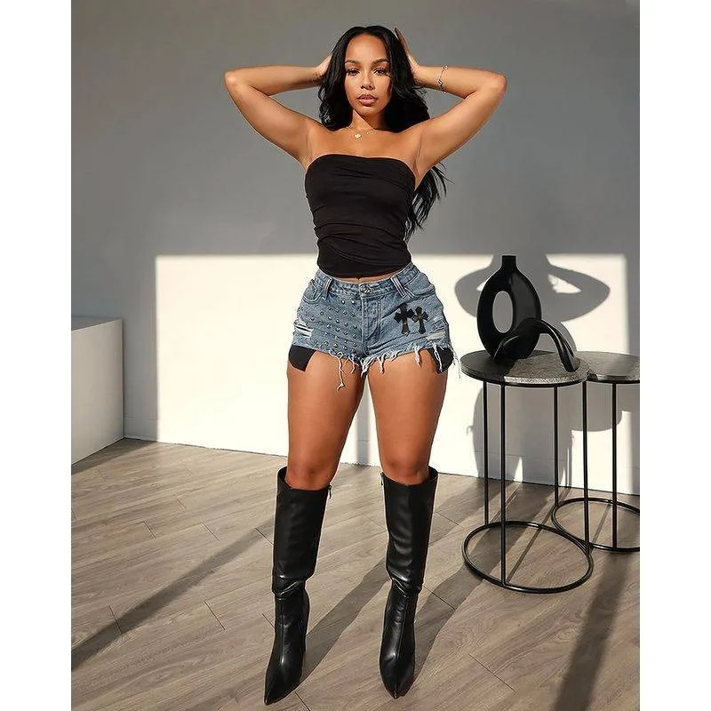Women Rivet Tassel Denim Shorts Spring Summer 2024 Fashion Button Zipper Casual All Match Y2k Short Bottoms Hipster Streetwear