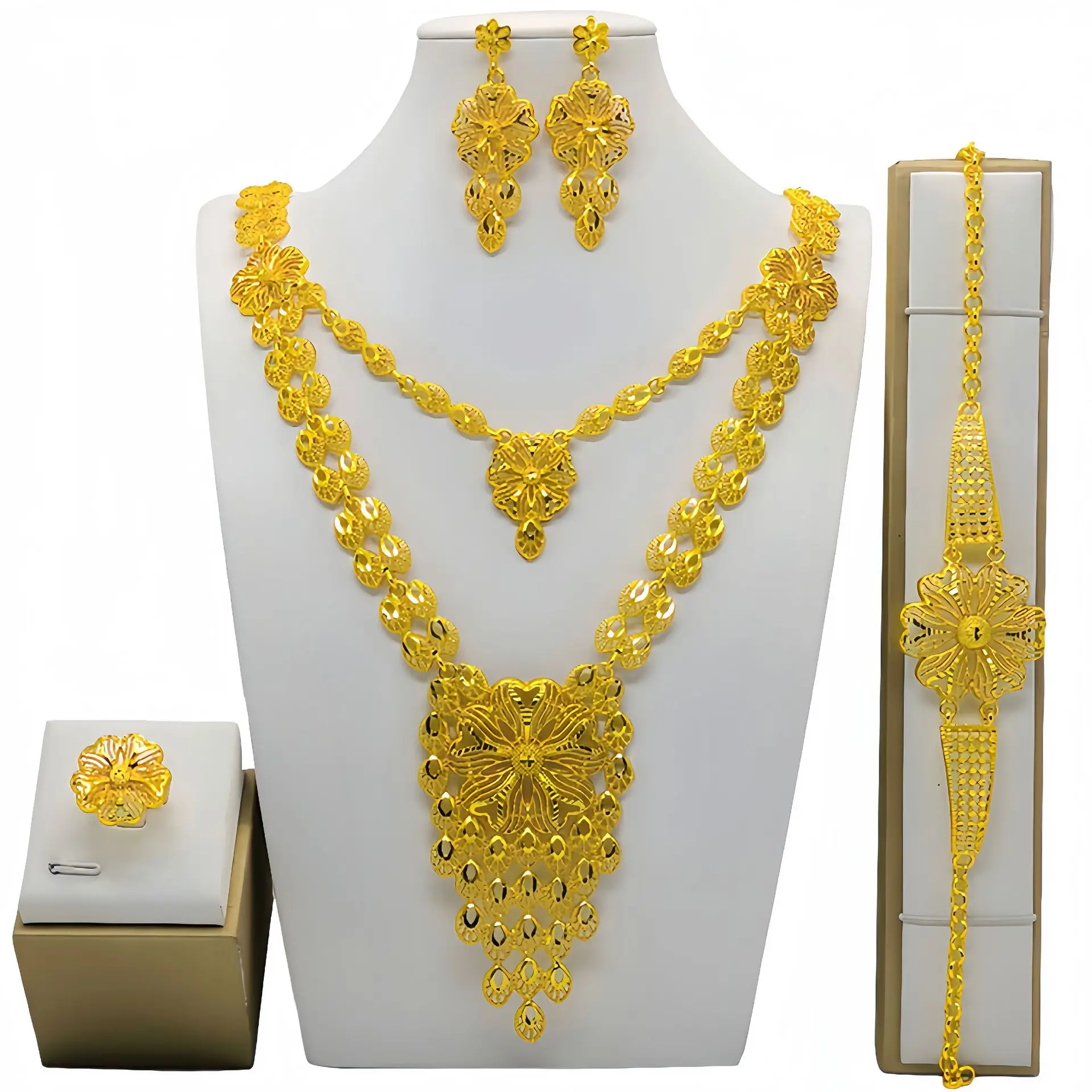 

24K Gold Plated Jewelry African Bride Necklace Earrings Ring Bracelets Indian Women's Jewelry Set Bu10257