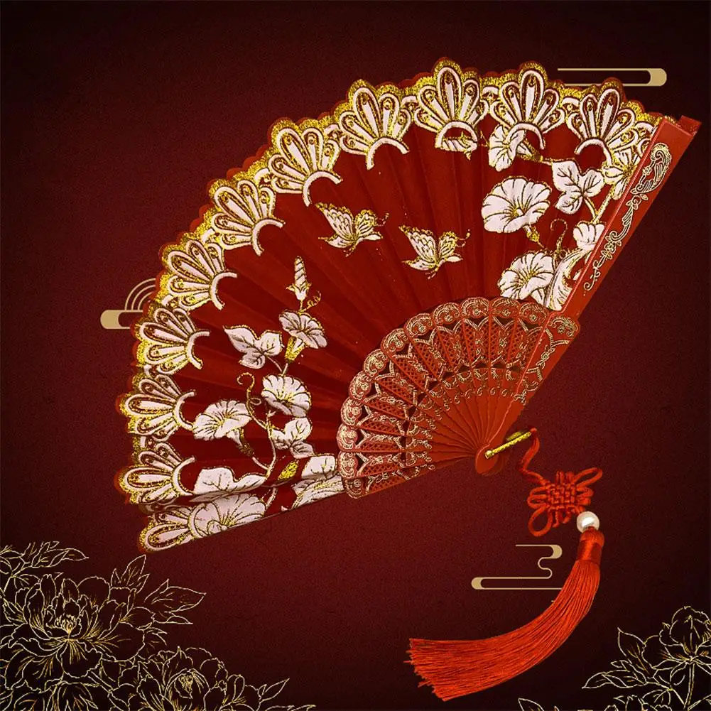 Chinesischer Luxus-Faltfächer für Hochzeiten, Braut-Fächer, Tanz-Performance-Requisiten, Retro-Blumen-Glitzer-Schmetterlingsfächer, Kunsthandwerk – Detail 6