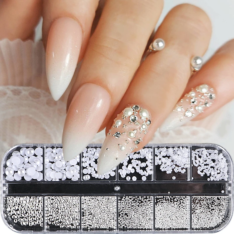 12 Grids White Half Round Pearl Nail Art Decoration Mixed Size Silver Gold Mini Steel Ball Rivet Rhinestone Nail Accessories 2