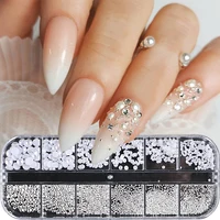 12 Grids White Half Round Pearl Nail Art Decoration Mixed Size Silver Gold Mini Steel Ball Rivet Rhinestone Nail Accessories 2