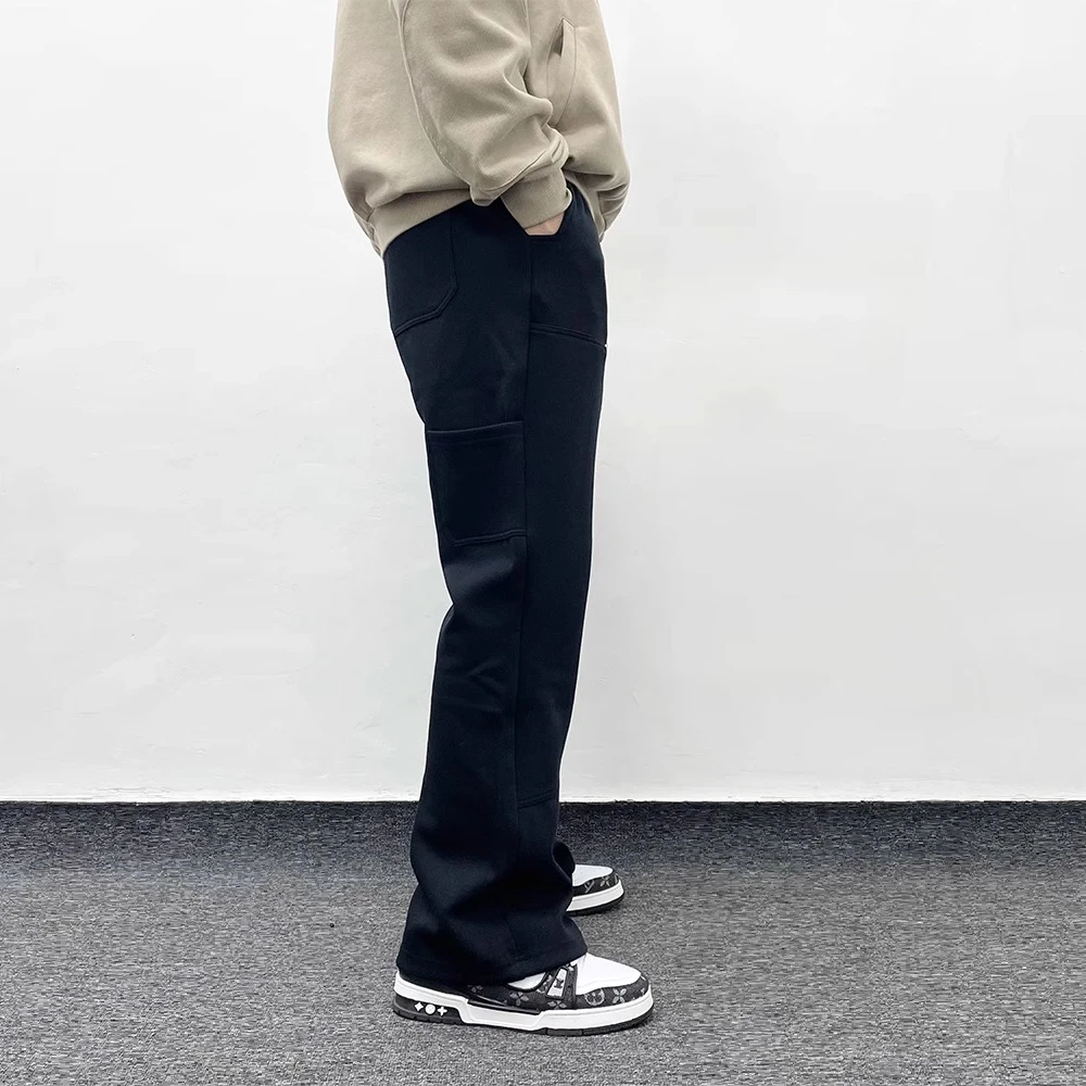 Men Casual Pants American Streetwear Gray Flared Sweatpant Men Double Knee Patch Micro Flare Overalls Harajuku Casual Patchwork Sweat Pants Black