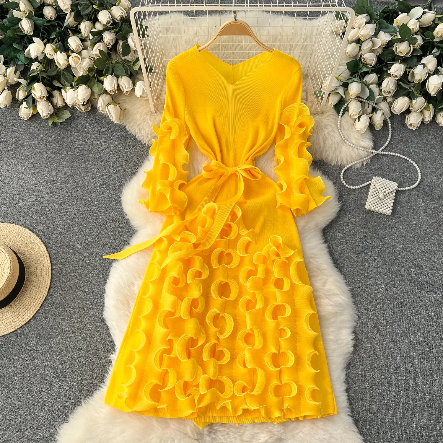 

Clothland Women Stylish Ruffle Midi Dress V Neck Three Quarter Sleeve Candy Color Stretchy Loose Vintage Dresses Vestido QD569