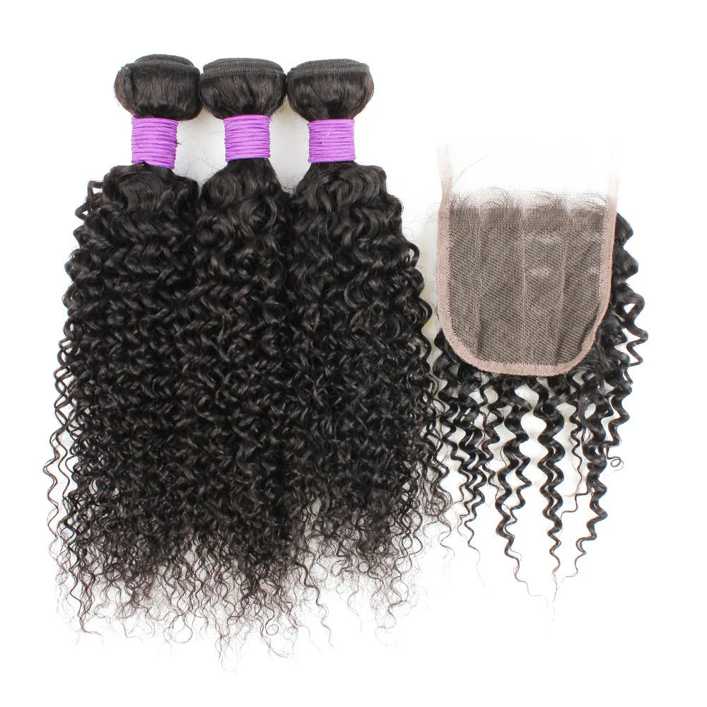 Gemlong Jerry Curly 3 Bundles With 4*4 Lace Closure 200g/lot Remy Brazilian Human Hair Weaving 4*1 T Lace Middle Part Closures