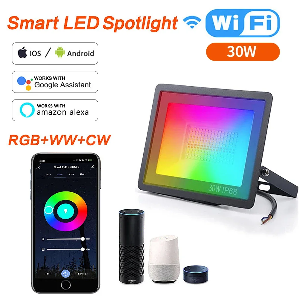 투야 스마트 투광 LED 반사판 야외 조명, RGB 밝기 조절, 따뜻한 차가운 백색광, 블루투스 와이파이 지지대, 220V, 30W, 50W, 100W