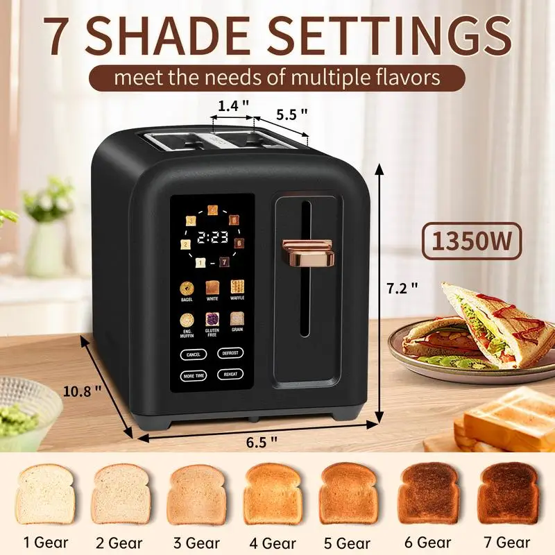Toaster 2 Slice, Stainless Toaster LCD Display&Touch Button, 50% Faster Heating Speed, 1.4'' Wide Slots