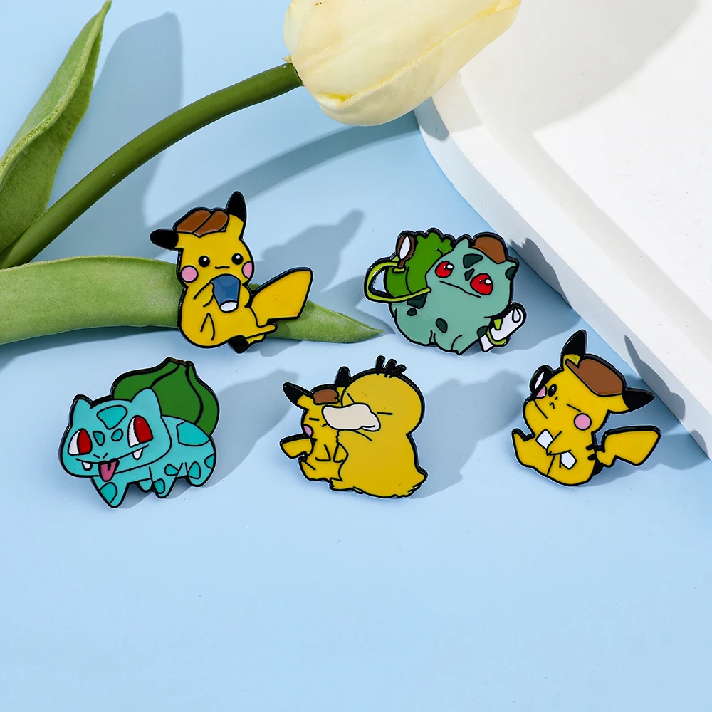 Enamel pins 5 Pcs creative detective Pikachu Bulbasaur Psyduck backpack clothing jewelry metal badge