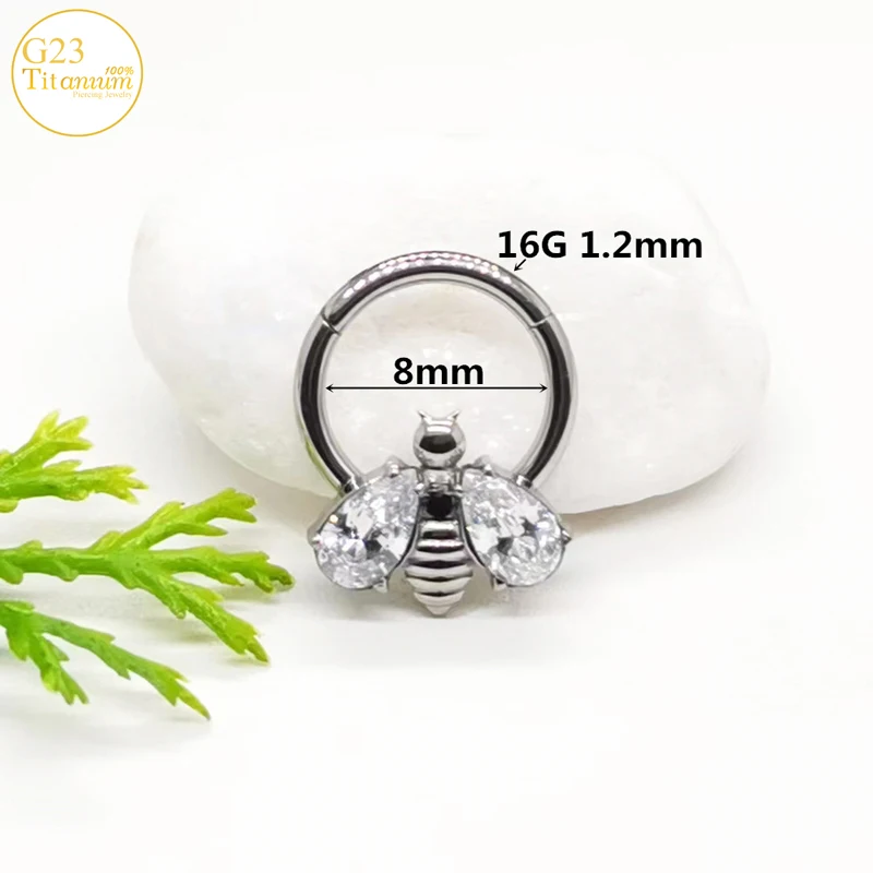 Zircon Little Bee Earrings F136 Titanium Septum Piercing Nose Rings Cartilage Clicker Rings Tragus Helix Piercing Body Jewelry