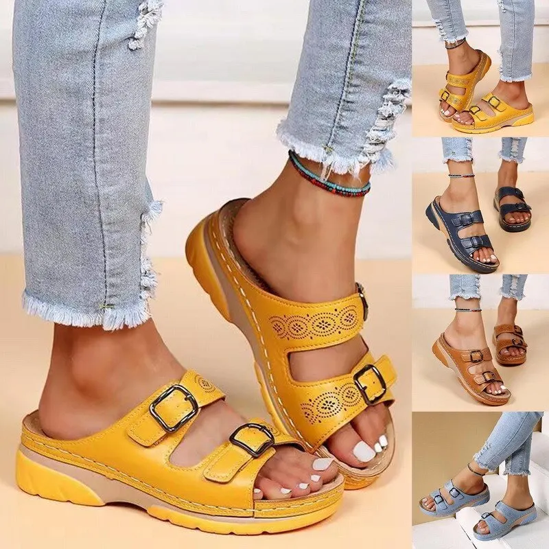 

2023 Summer Women's Sandals Fashion Thick Sole Slippers Open Toe Leisure Round Head Elegant Low Heel Women's Shoes Brand Shoes