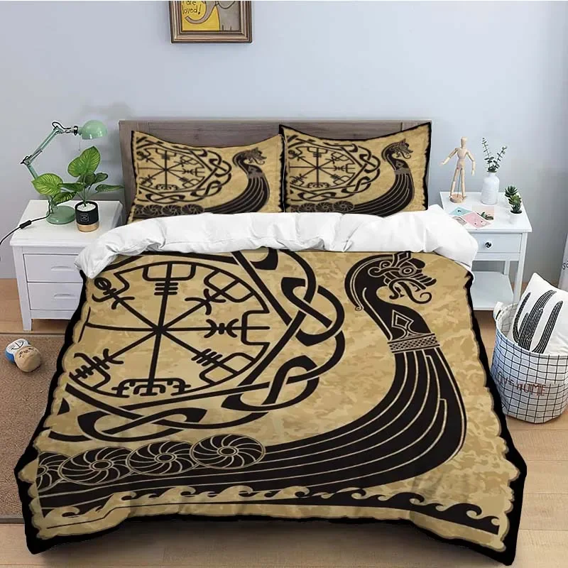 Viking Duvet Cover King Scandinavian Folklore Motifs Bedding Set Microfiber Northern Germanic Culture Mjollnir Comforter Cover 2