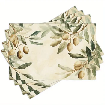 4pcs Watercolor Olive Leaf Placemats – Washable Dining & Kitchen Decor 1