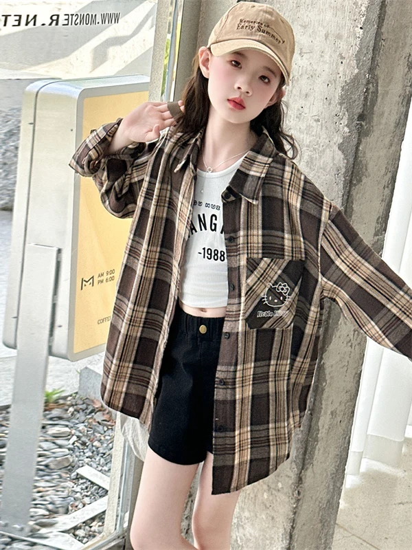 여자 체크 무늬 캐주얼 긴팔 셔츠 봄 가을 유행 체크 무늬 아동 의류 대형  아동복