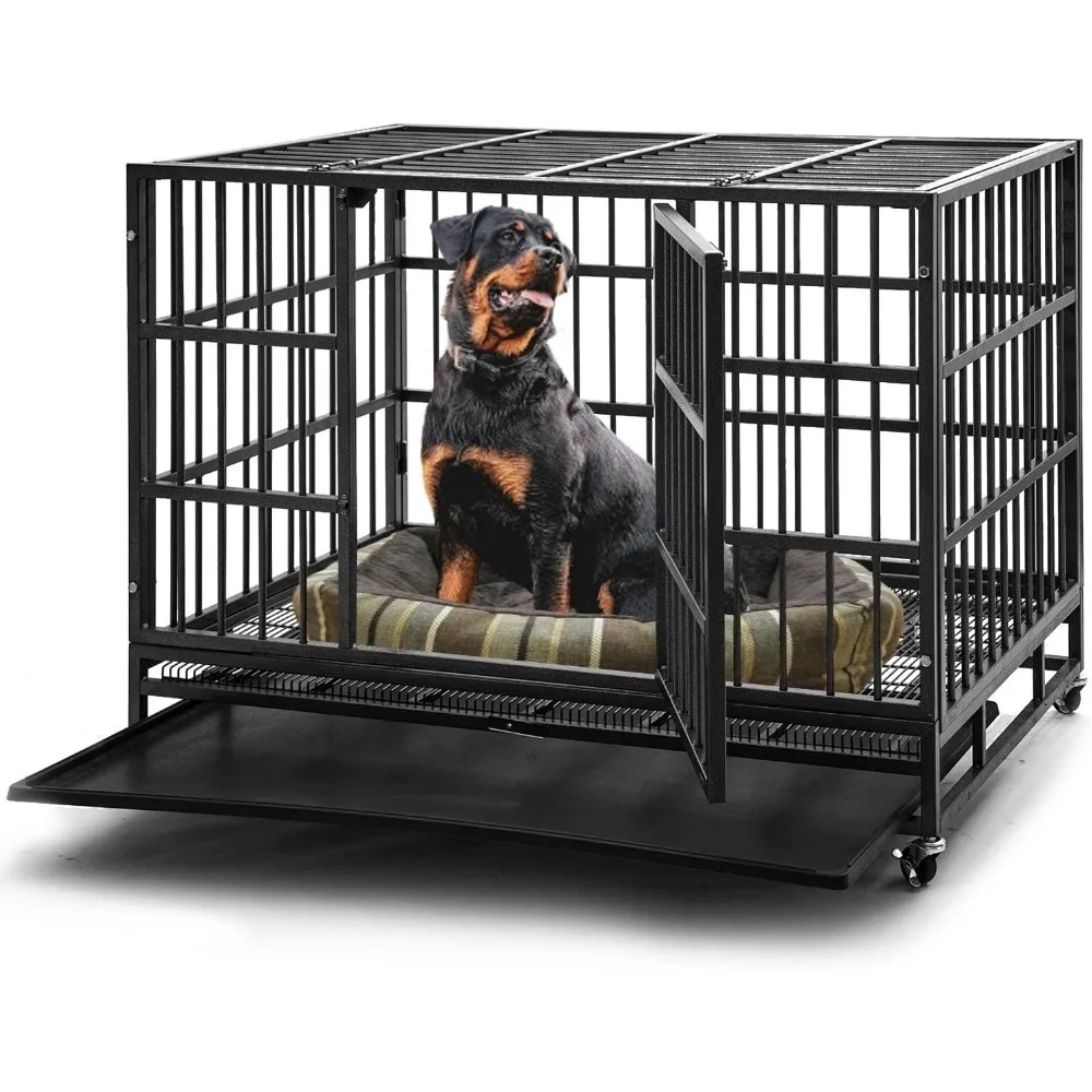 

48 inch Heavy Duty Indestructible Dog Crate Steel Escape Proof, Indoor Double Door High Anxiety Cage, Kennel with Wheels