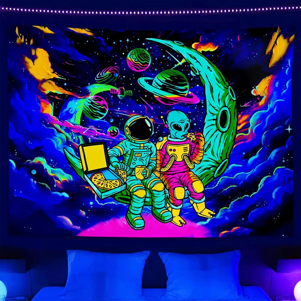 UV Reactive Black Light Alien Tapestry Trippy Hiphop Fluorescent Astronaut Wall Hanging for Psychedelic Bedroom Decor