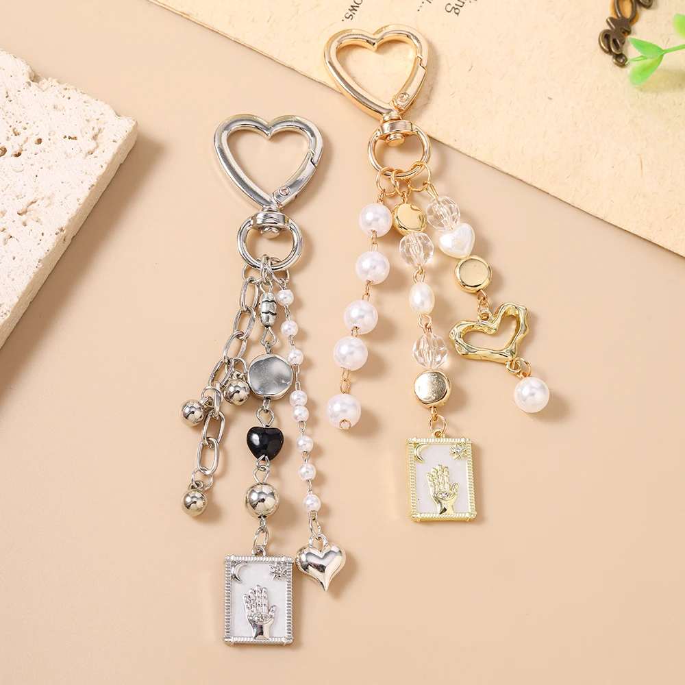 Aihua Y2K Perlen Sonne Mond Hamsa Hand Schlüsselanhänger für Frauen Mädchen Ins Herz Schlüsselring Handtaschenanhänger DIY Handgemachter Schlüsselanhänger Geschenke
