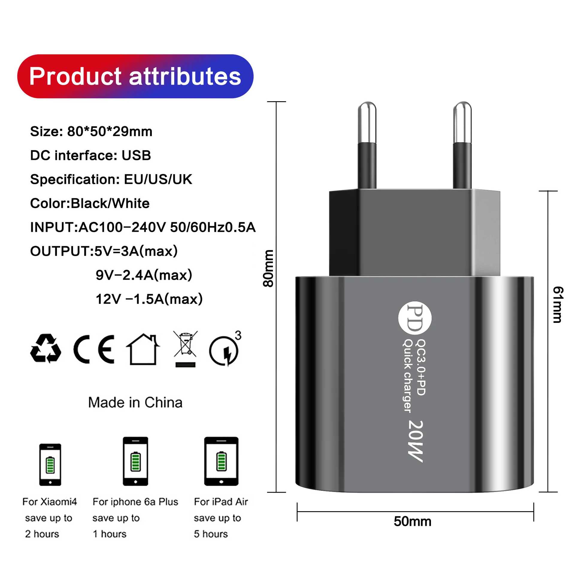 Clearance Price 20W PD+USB Fast Charge Adapter For Iphone Huawei Xiaomi Redmi Oppo 2 Ports USB TypeC Wall Charger