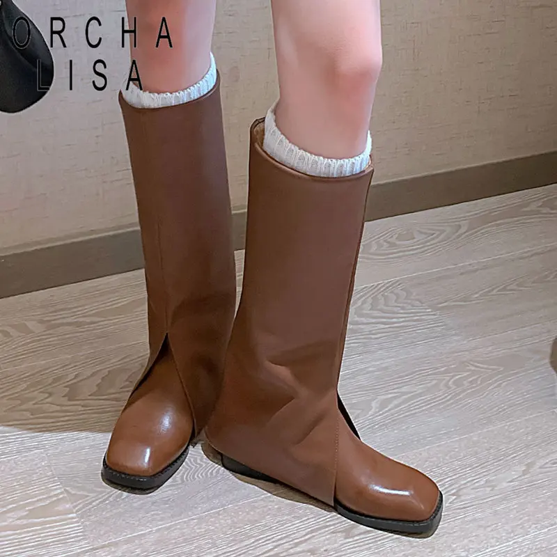 

ORCHA LISA Cow Genuine Leather Fashion Women Boots Square Toe Mid Heel 5cm Slip On Casual Daily Knee High Booties 34cm Female