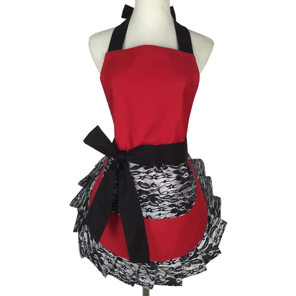 Cotton Black Lace Flirty Apron with Pocket, Fun Retro Sexy Cooking Pinup Aprons for Women Girls Waiter C1A1