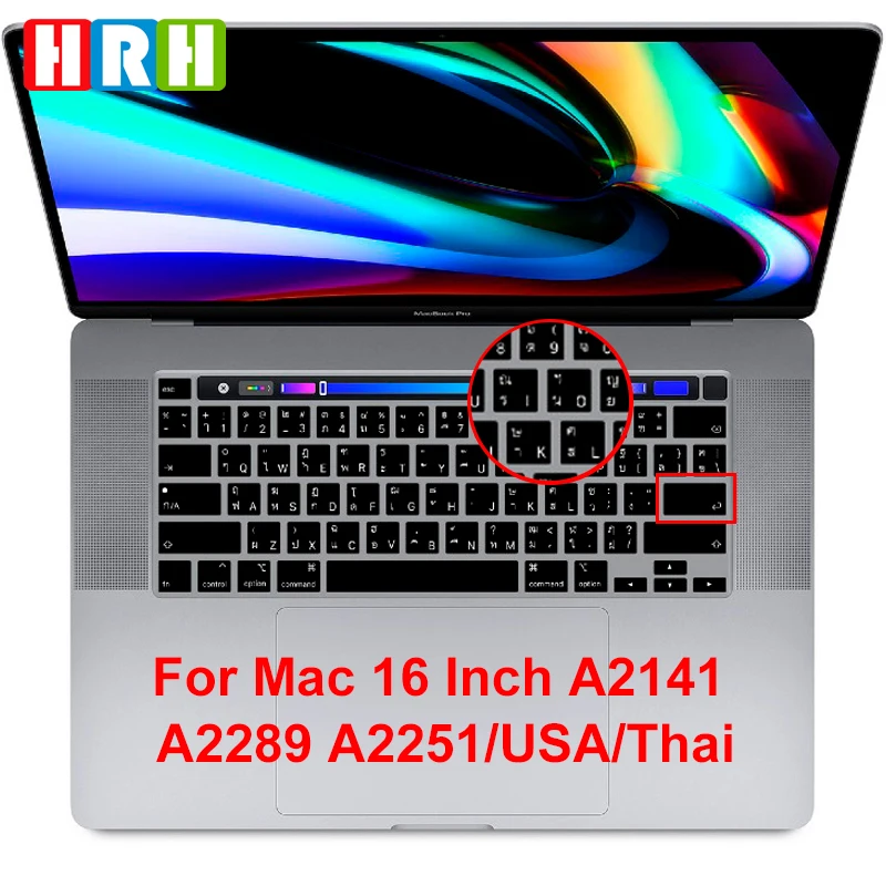 Hrh Black Silicone Thai Keyboard Skin Cover Versione Usa Per Macbook New Pro 16 2019 A2141 M1 M2 Chip A2338/A2251/A2289 2020 2022