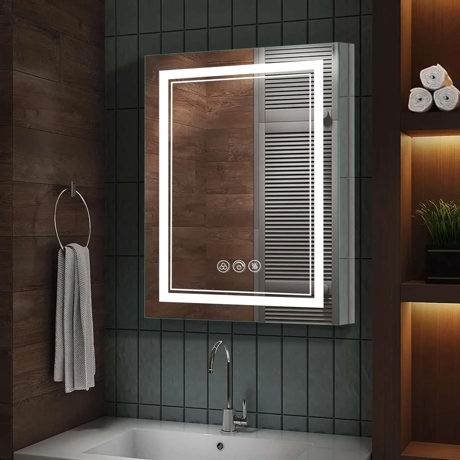 

2024 New Model Led Medicine Cabinet with Mirror，20 X 26 Inch Bathroom Lighted Medicine Cabient Mirror Lights, Electrical Outlets