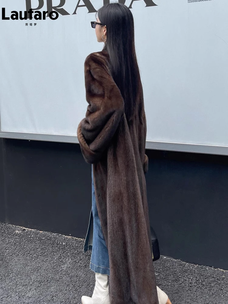 Lautaro Winter Long Vintage Elegant Luxury Chic Thick Warm Soft Brown Fluffy Faux Mink Fur Coat Women V Neck Furry Overcoat 2023 2