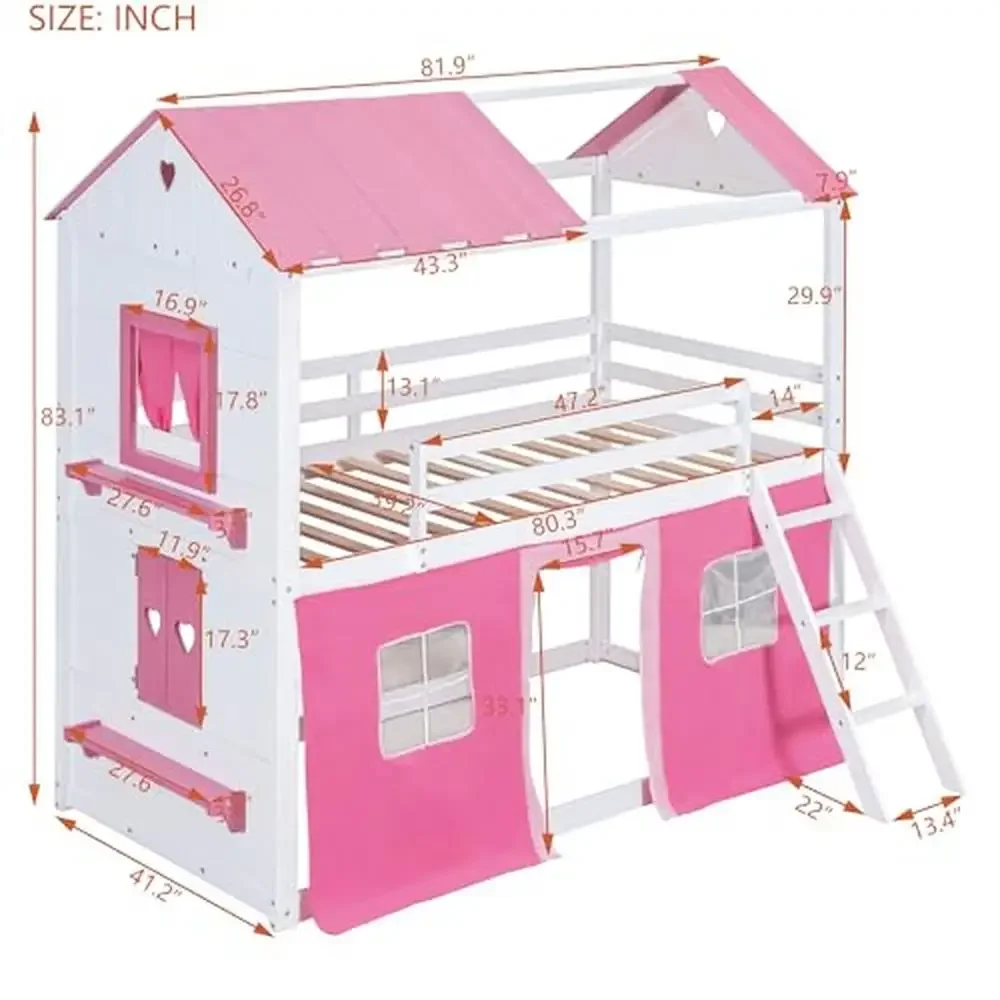 Kids Loft Bunk Bed House Twin with Tent Ladders Guardrail Windows Playhouse Wood Twin Over Twin Loft Bed Creative Design Storage 2