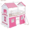Kids Loft Bunk Bed House Twin with Tent Ladders Guardrail Windows Playhouse Wood Twin Over Twin Loft Bed Creative Design Storage 2