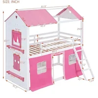 Kids Loft Bunk Bed House Twin with Tent Ladders Guardrail Windows Playhouse Wood Twin Over Twin Loft Bed Creative Design Storage 2