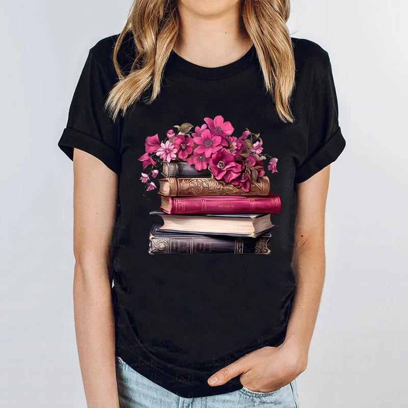 여성용 책과 꽃 티셔츠, 반팔 의류, 빈티지 스타일 상의, 책 연인 티셔츠, 여름 캐주얼 패션