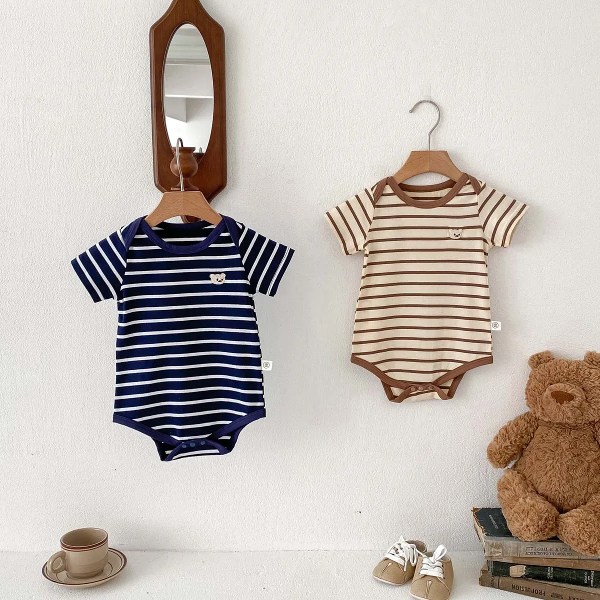 

Baby Onesie Boys' and Girls' Baby Cartoon Bear Short-sleeved Rompers Newborn Striped Summer Bodysuits Baby One-Pieces Rompers